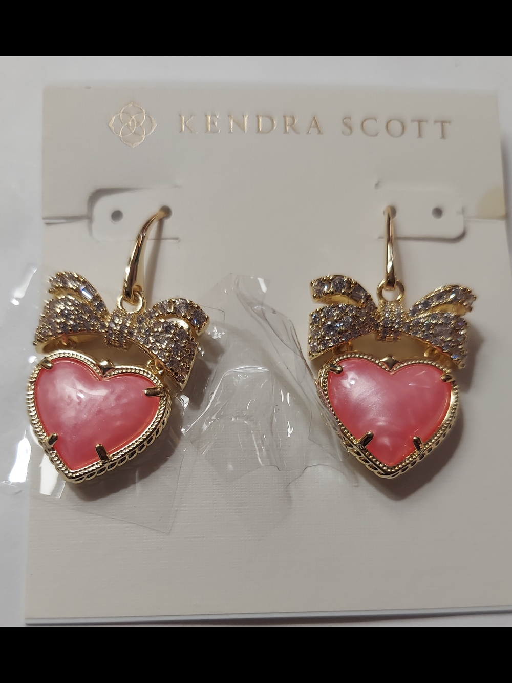 Kendra Scott Haisley Gold Bow Heart Earrings with Pink Hearts
